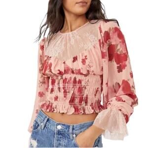 Free People Daphne Pink Floral Long Sleeve Smocked Crop Top Small NWT